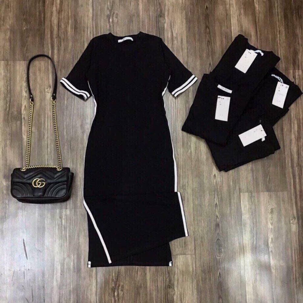 Black dress with white stripes